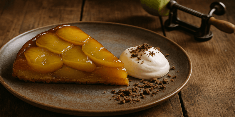 Header image for Tatin de Poma, Calvados, Crema Muntada i Crumble de Cacau